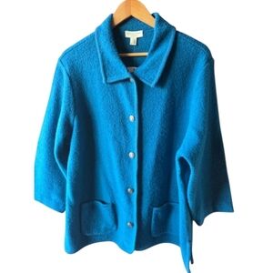 Appleseeds Woman Plus Size 1X Turquoise Blue 100% Wool Jacket Vintage Preppy